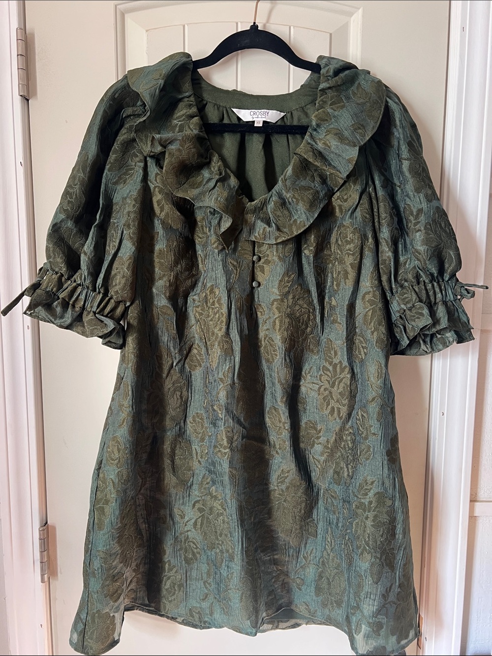 CROSBY by Mollie Burch Olive Green Jacquard Ruffle-Neck Midi Dress